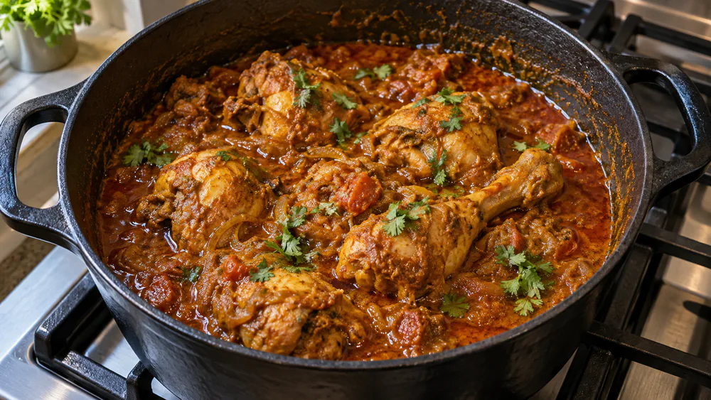 A finished pot of murgh curry with tender chicken in a glossy orange-red gravy, garnished with fresh chopped cilantro, served in a black Dutch oven.
