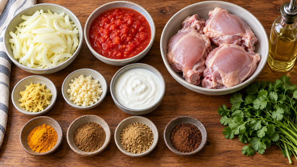 A wooden board with sliced onions, crushed tomatoes, grated ginger and garlic, and small bowls of turmeric, cumin, coriander, and garam masala arranged for making murgh curry.