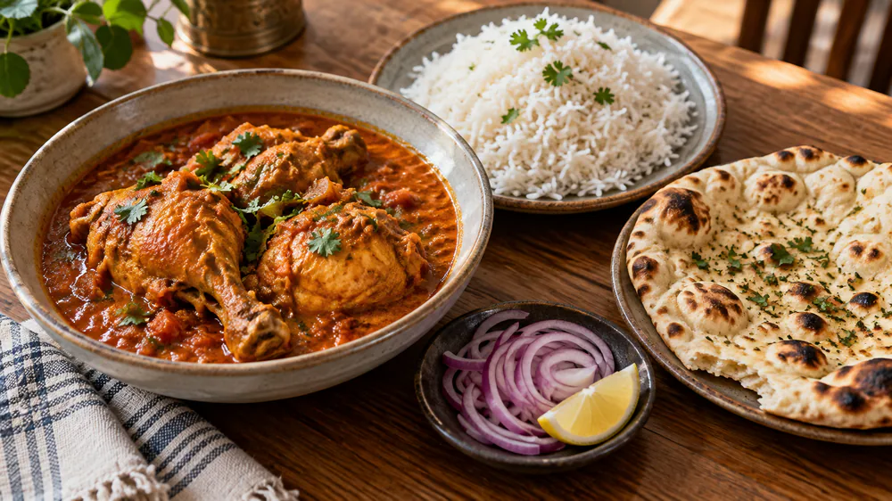A bowl of murgh curry next to fluffy basmati rice and torn pieces of naan on a wooden table, with a small dish of sliced red onion.