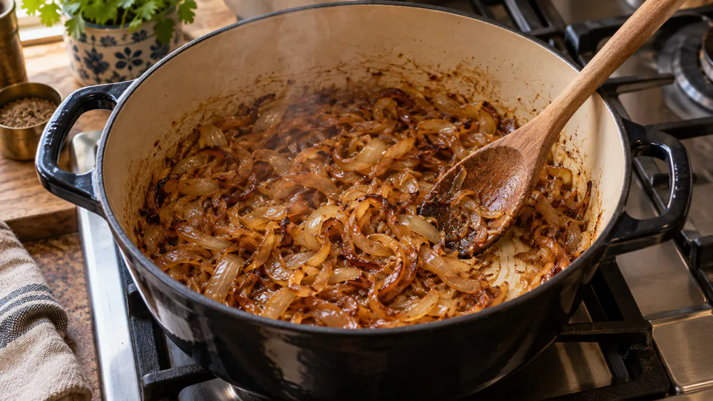Thinly sliced onions turning deep golden brown in a heavy Dutch oven with a wooden spoon resting against the side, the start of a murgh curry masala base.