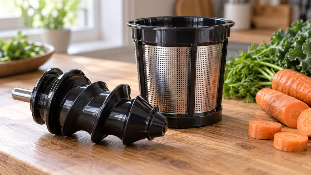 Close-up of a slow masticating auger and strainer from a cold press juicer on a kitchen counter