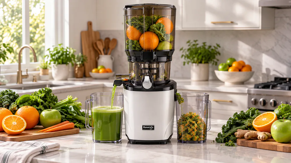 Kuvings AUTO10 cold press juicer on a kitchen counter, hopper loaded with oranges and leafy greens, juice and pulp containers in place