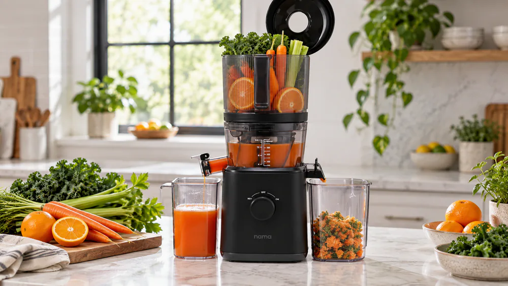 Nama J2 cold press juicer on a kitchen counter, hopper loaded with kale, celery, carrots, and oranges, lid open
