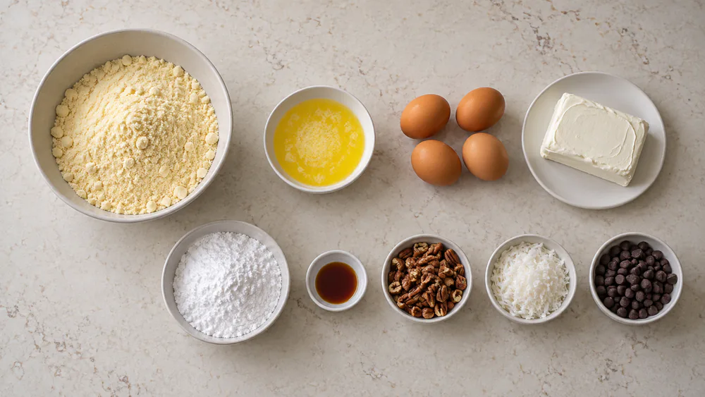 Neiman Marcus cake recipe ingredients laid out on a kitchen counter, including yellow cake mix, butter, eggs, cream cheese, powdered sugar, vanilla, pecans, coconut, and chocolate chips.