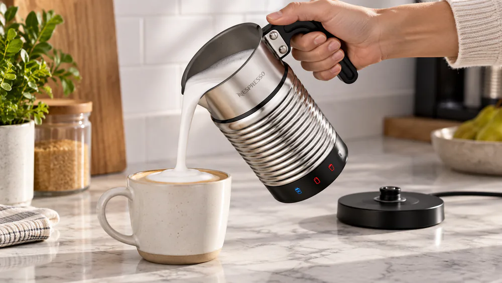 A hand holding the Aeroccino 4 by its handle while milk pours from the spout into a mug.