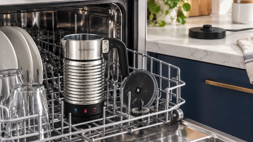 The Aeroccino 4's jug, lid, and whisk in a dishwasher rack, base on the counter.