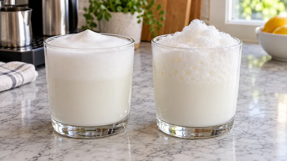 Two glasses of milk foam side by side, one dense and pillowy, one tall and airy.