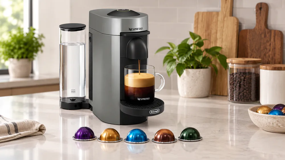 A small row of Nespresso Vertuo capsules in assorted colors standing beside a Nespresso Vertuo Plus machine on a counter.