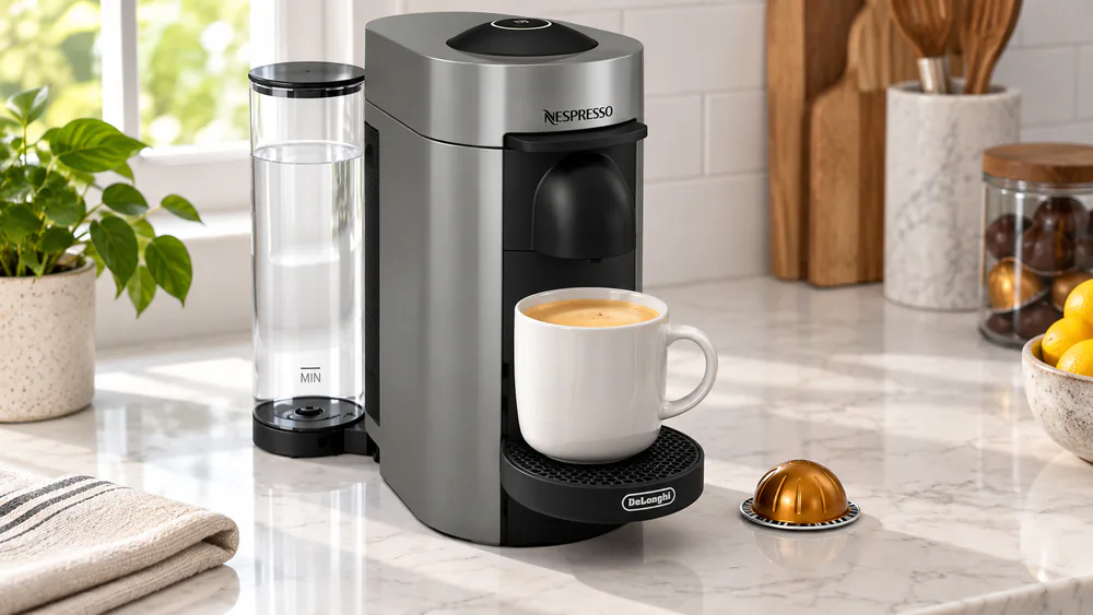 A freshly brewed 7.7 oz coffee from the Nespresso Vertuo Plus in a white mug with a thick foam layer on top, a used Vertuo capsule beside the mug.