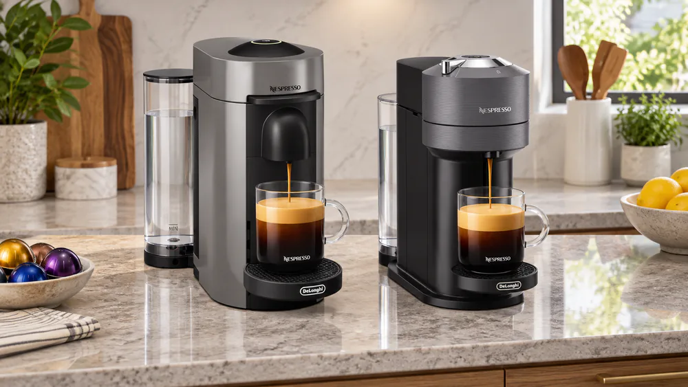 A Nespresso Vertuo Plus and a Vertuo Next side by side on a kitchen counter, both with filled water tanks, mid-test.