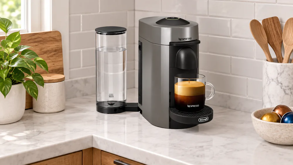 The rotating water tank of a Nespresso Vertuo Plus swung out to one side on a kitchen counter, showing how it repositions for tight corners.