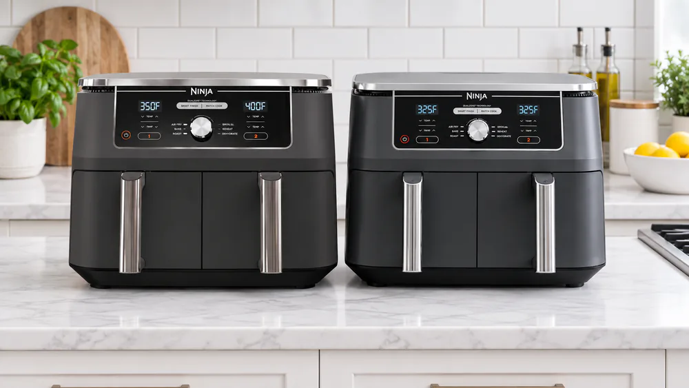The Ninja AD350CO and Ninja DZ401 side by side on a kitchen counter, two near-identical 10-quart dual-basket air fryers.