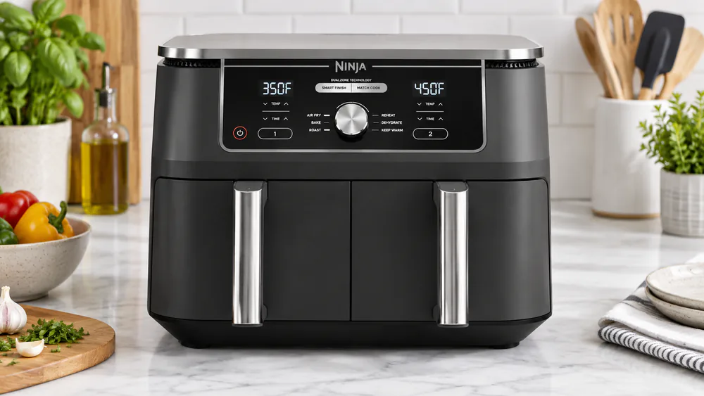 Close-up of the Ninja DZ401's digital controls and center dial with the temperature set to 450 F, the heat level the AD350CO cannot reach.