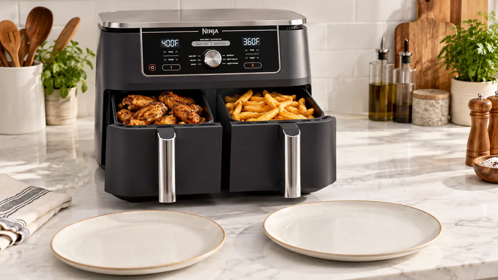 Crispy chicken wings and golden fries fresh from the Ninja DZ401's two baskets, plated side by side after a Smart Finish cook.