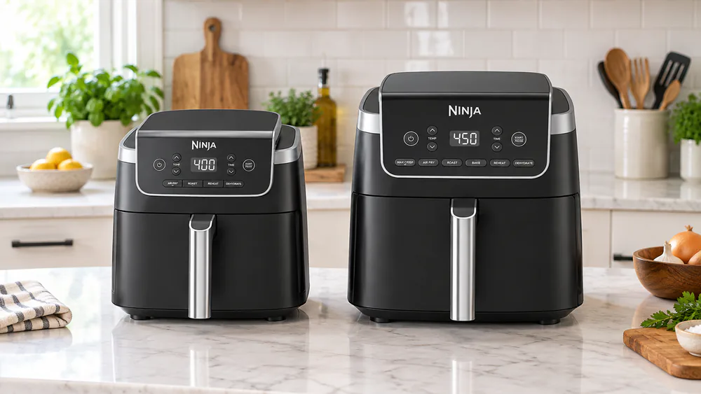 The Ninja Air Fryer Pro and the taller Ninja Air Fryer Pro XL side by side on a kitchen counter, the XL visibly taller and wider.