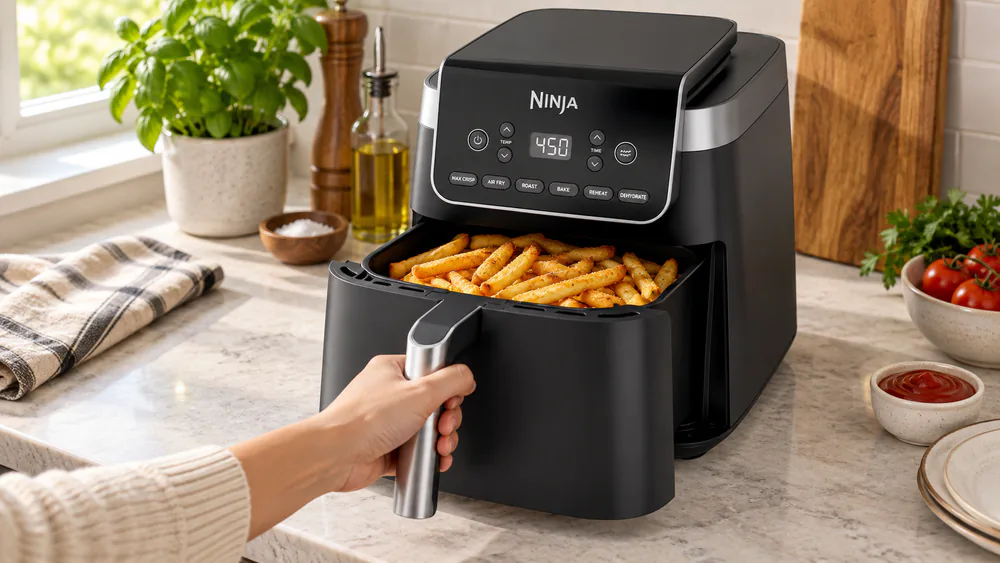 A basket of golden frozen fries from the Ninja Air Fryer Pro XL tipped over a plate, even browning across the batch.
