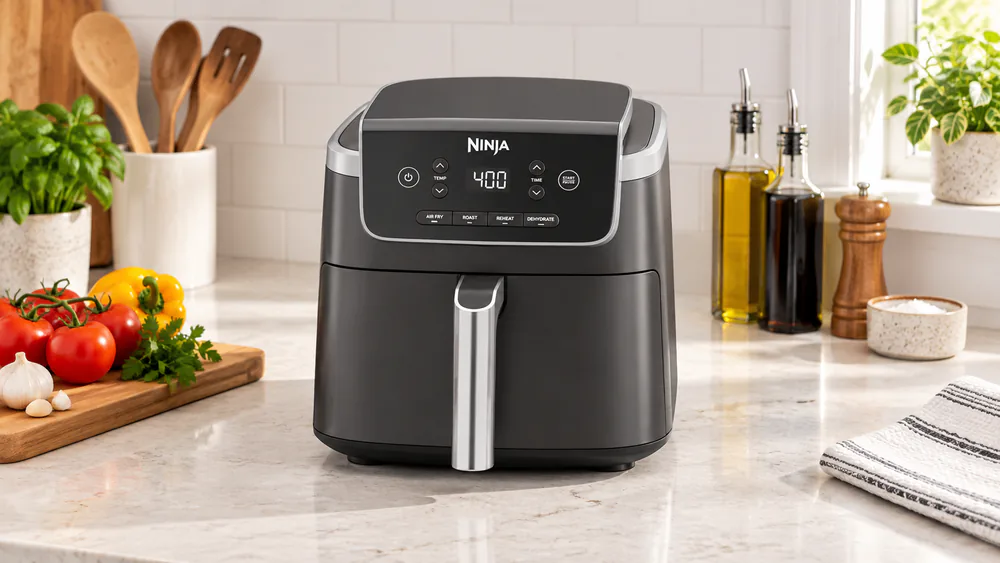 The grey Ninja Air Fryer Pro 5-quart 4-in-1 on a kitchen counter, a compact body with a pull-out basket and physical push buttons.