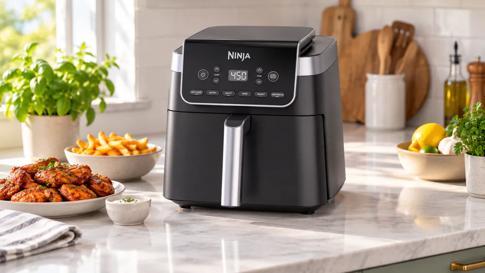 The grey Ninja Air Fryer Pro XL 6.5-quart 6-in-1 on a kitchen counter, noticeably taller than a standard basket air fryer.