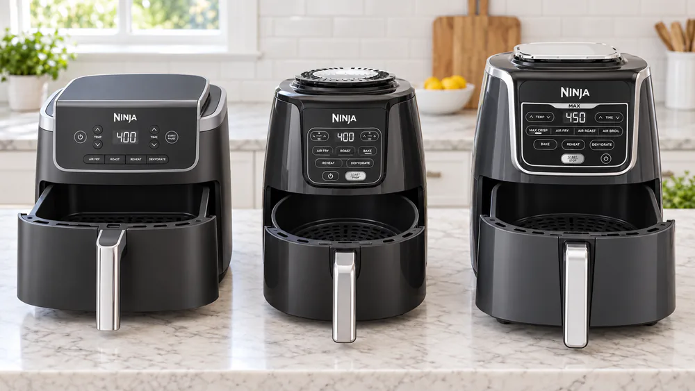 Three Ninja baskets side by side: the 5-quart AF141, a round 4-quart AF101 style, and a larger Max XL style.