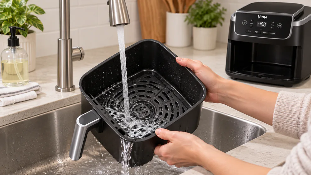 A hand washing the Ninja AF141 nonstick basket under warm running water.