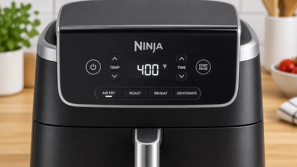 Close-up of the Ninja AF141 control dial and digital display.