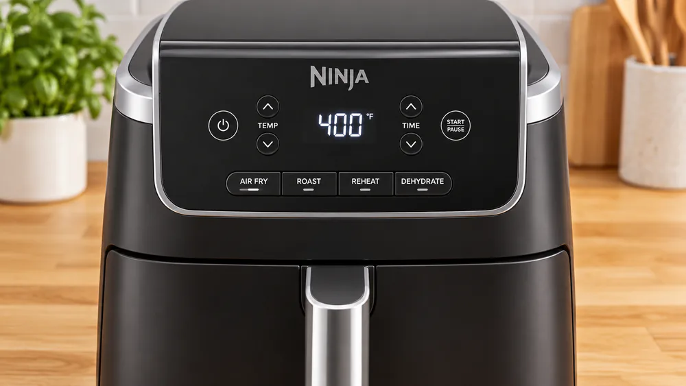 The Ninja AF141 display with its four modes: Air Fry, Roast, Reheat, and Dehydrate.