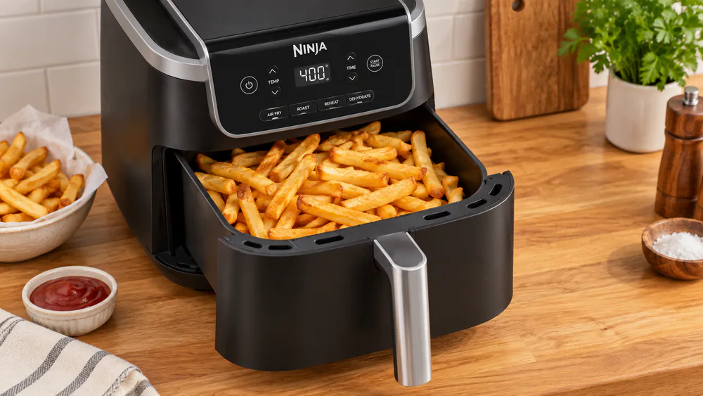 Golden frozen fries fresh out of the Ninja AF141 at 400F.