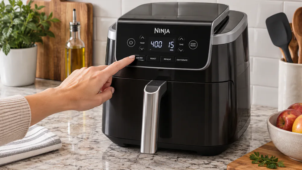 A hand turning the Ninja AF141 control dial, with the digital display showing time and temperature.