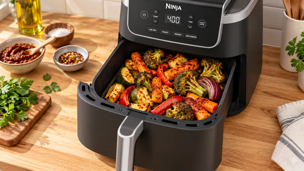 Harissa-roasted vegetables with even charring on the Ninja AF141 crisper plate.
