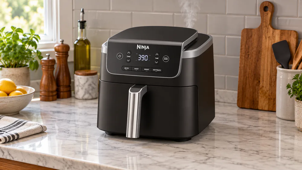 The Ninja AF141 mid-batch on a counter, steam rising from the vent during a 390F wing cook.