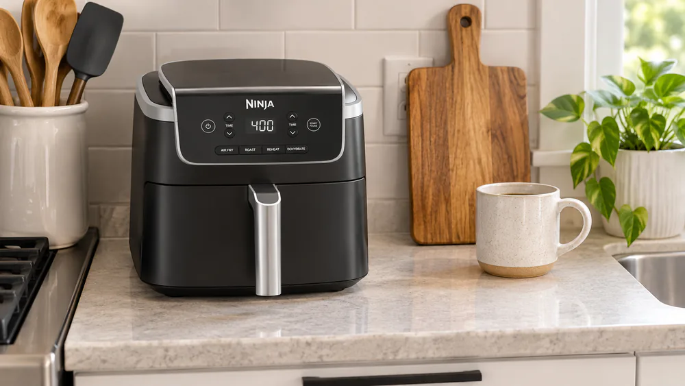 The Ninja Air Fryer Pro 4-in-1 on a small kitchen counter, showing its compact footprint.