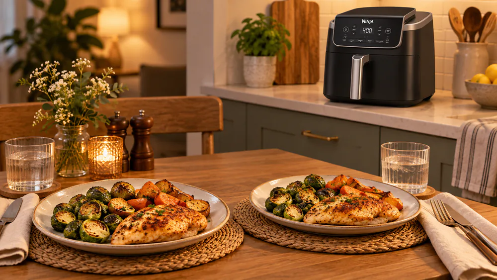 A two-person dinner plated from the Ninja AF141 on a small kitchen table.