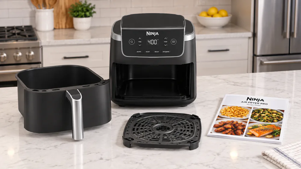 The Ninja Air Fryer Pro 4-in-1 freshly unboxed with basket, crisper plate, and recipe book.