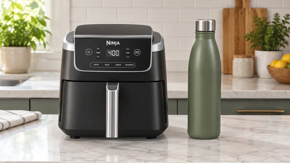 The Ninja AF141 next to a tall bottle, showing its compact footprint.