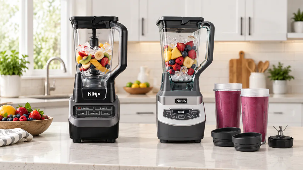 The Ninja BL610 and BL660 side by side on a countertop with pitchers assembled