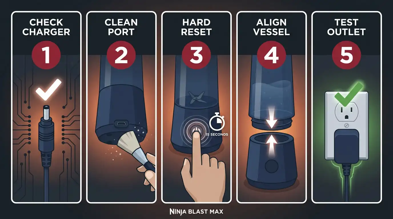 Ninja Blast Max step by step charging fix guide showing five steps including checking the charger cleaning the port performing a hard reset aligning the vessel and testing the outlet