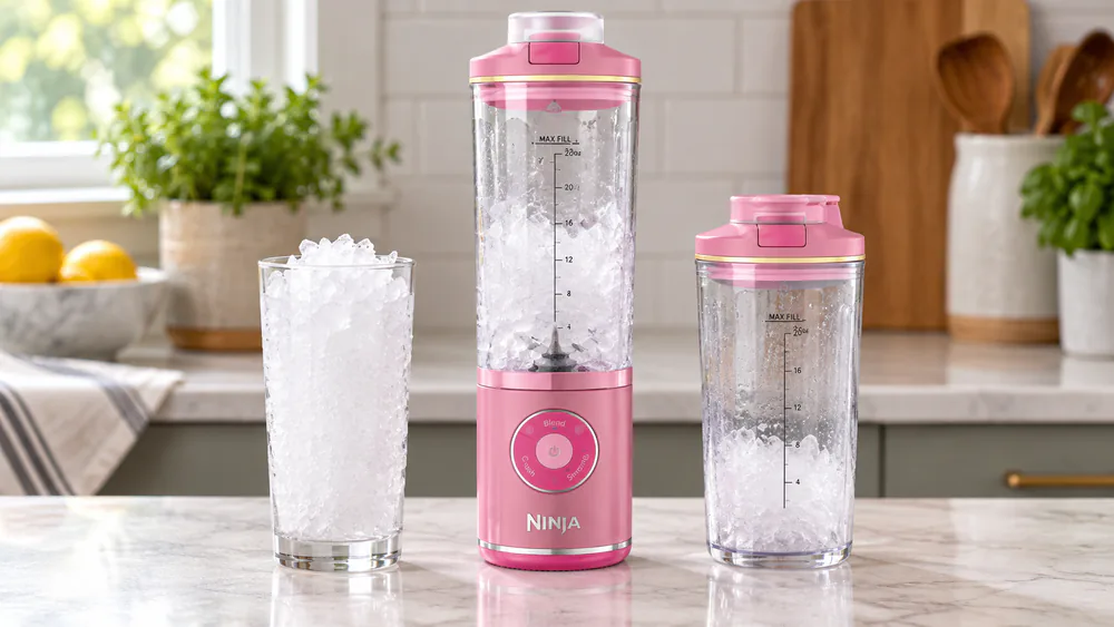 A tall glass of snow-fine crushed ice from the Ninja Blast Max Crush cycle beside the blender's 22-oz jar on a test kitchen counter.