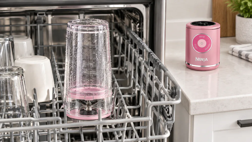 The Ninja Blast Max jar upside down in a dishwasher top rack with the fixed CrushBlade visible under the rim, motor base wiped clean on the counter.