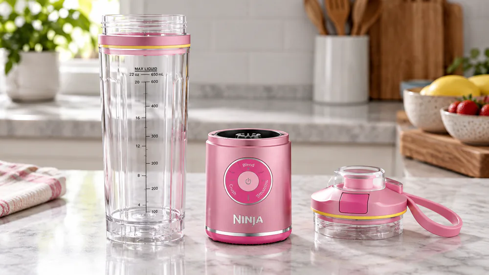 The Ninja Blast Max's 22-oz Twist & Go vessel separated from the motor base on a test kitchen counter, sip lid with silicone handle beside it.