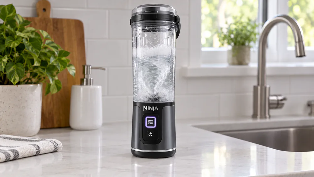 A Ninja Blast BC151 portable blender running its self-clean cycle with soapy water swirling inside the 18-ounce vessel on a kitchen counter.