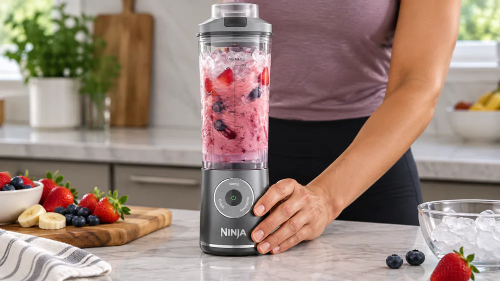 A Ninja Blast Max portable blender mid-blend on a kitchen counter, ice and frozen fruit swirling in the 22-ounce vessel with a hand steadying the base.