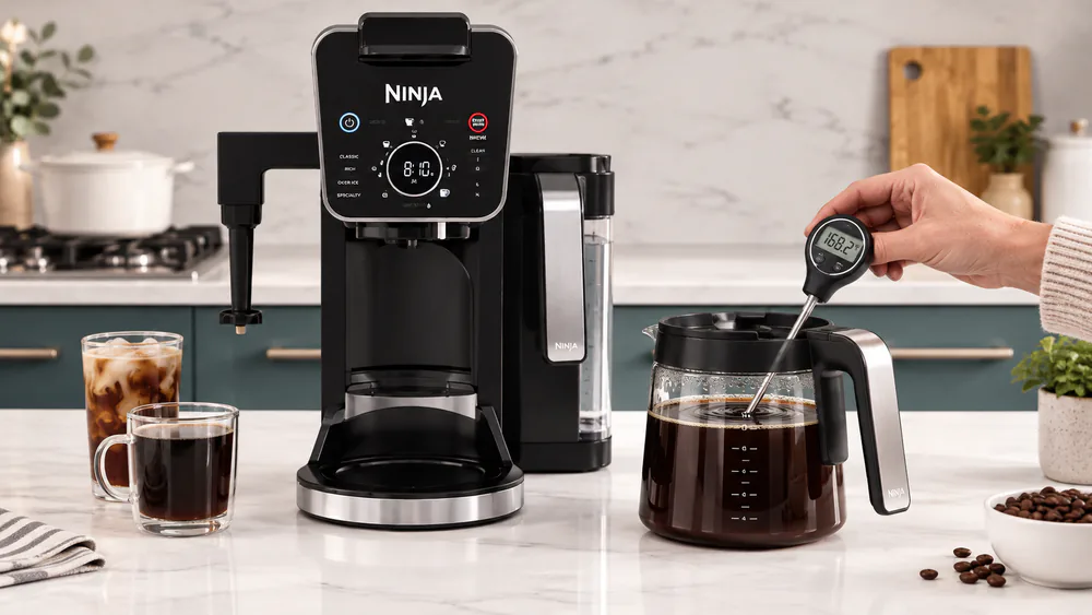 A probe thermometer reading the temperature of coffee left in the Ninja glass carafe thirty minutes after brewing