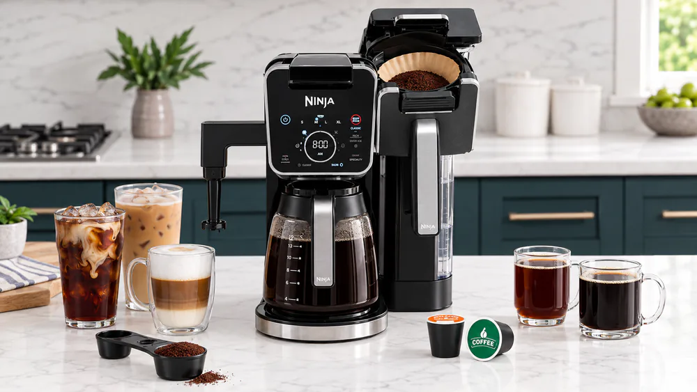 The Ninja CFP301 on a test kitchen counter with the 12-cup glass carafe on its warming plate and the paper filter basket open
