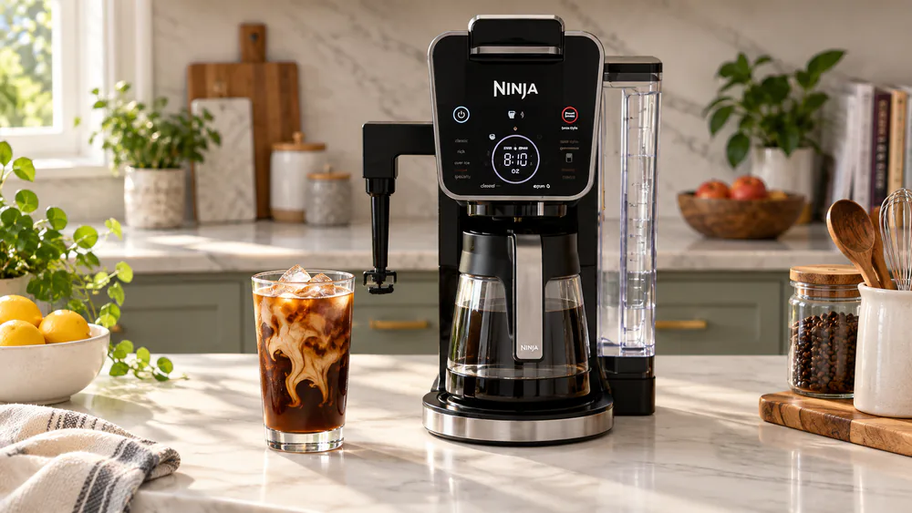 A tall glass of iced coffee over ice beside the Ninja CFP307 with its fold-away frother in the down position