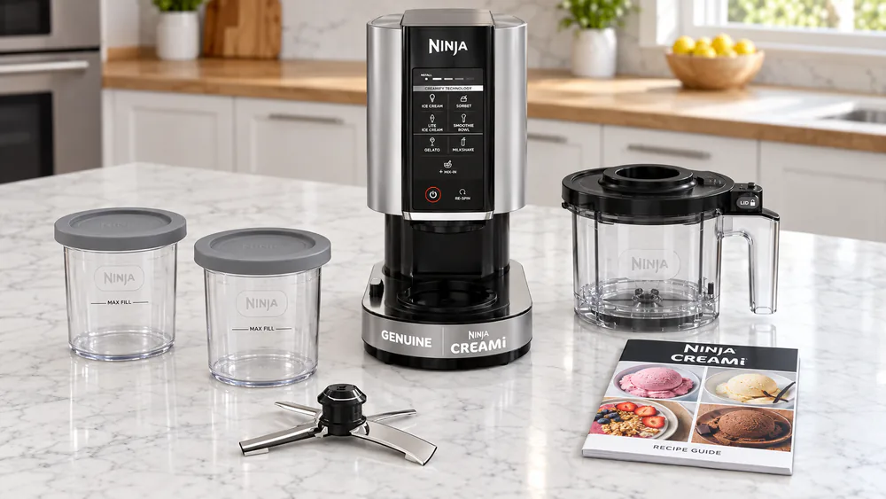 Ninja Creami 7-in-1 box contents laid out: motor base, two pints with storage lids, Creamerizer paddle, outer bowl and lid, and recipe guide.