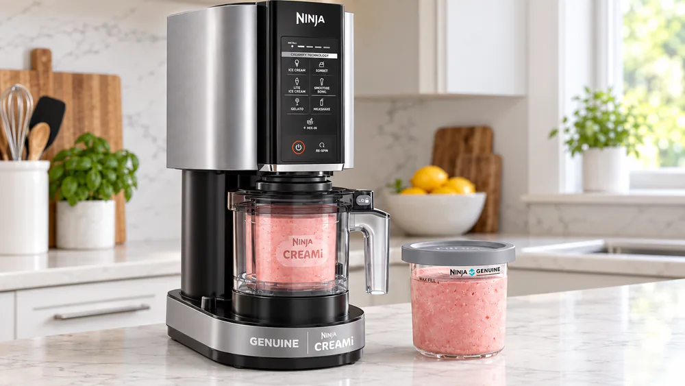The Ninja Creami 7-in-1 on a kitchen counter, program buttons lit, an outer bowl locked into the base.