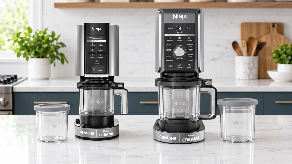 The Ninja Creami 7-in-1 next to the Deluxe 11-in-1, showing the smaller 16-oz pints beside the larger XL tubs.