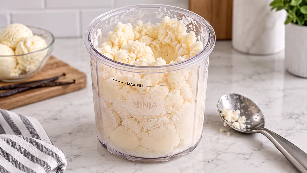 A close-up of crumbly, icy ice cream from a first Ninja Creami spin, before the re-spin fix.