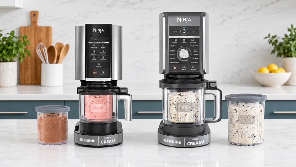 The Ninja Creami 7-in-1 and the taller Deluxe 11-in-1 side by side, with the smaller 16-oz pint beside the larger XL tub.