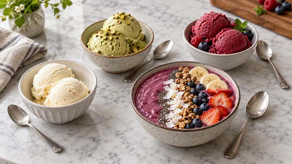 A spread of finished Ninja Creami treats: scoops of ice cream, a gelato bowl, sorbet, and a smoothie bowl on a counter.